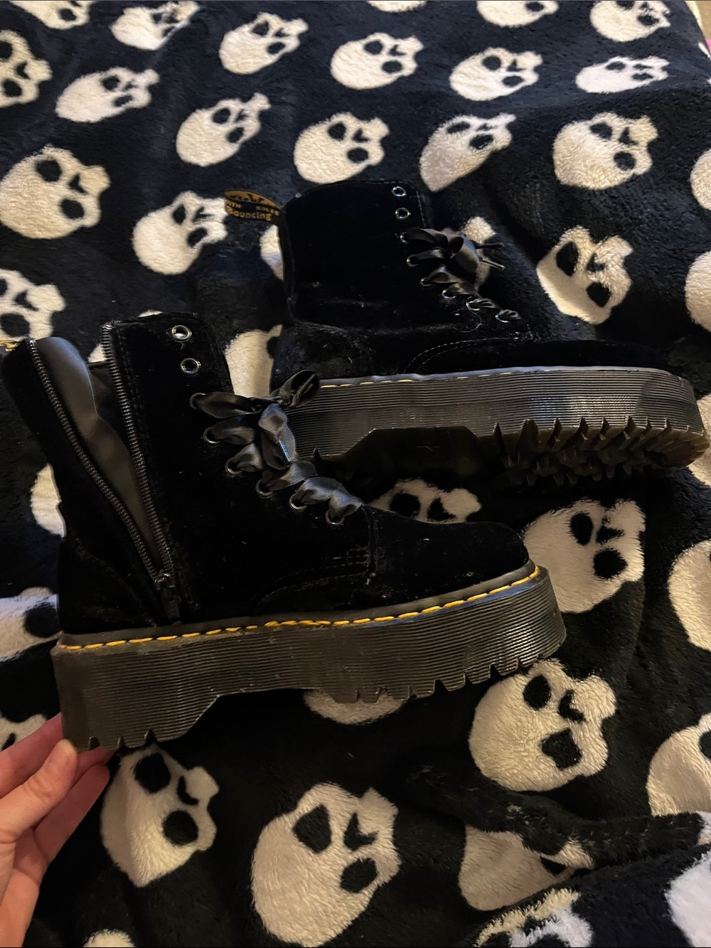 Dr. Martens Black Velvet Platform Lace-Up Boots with Yellow Stitching
